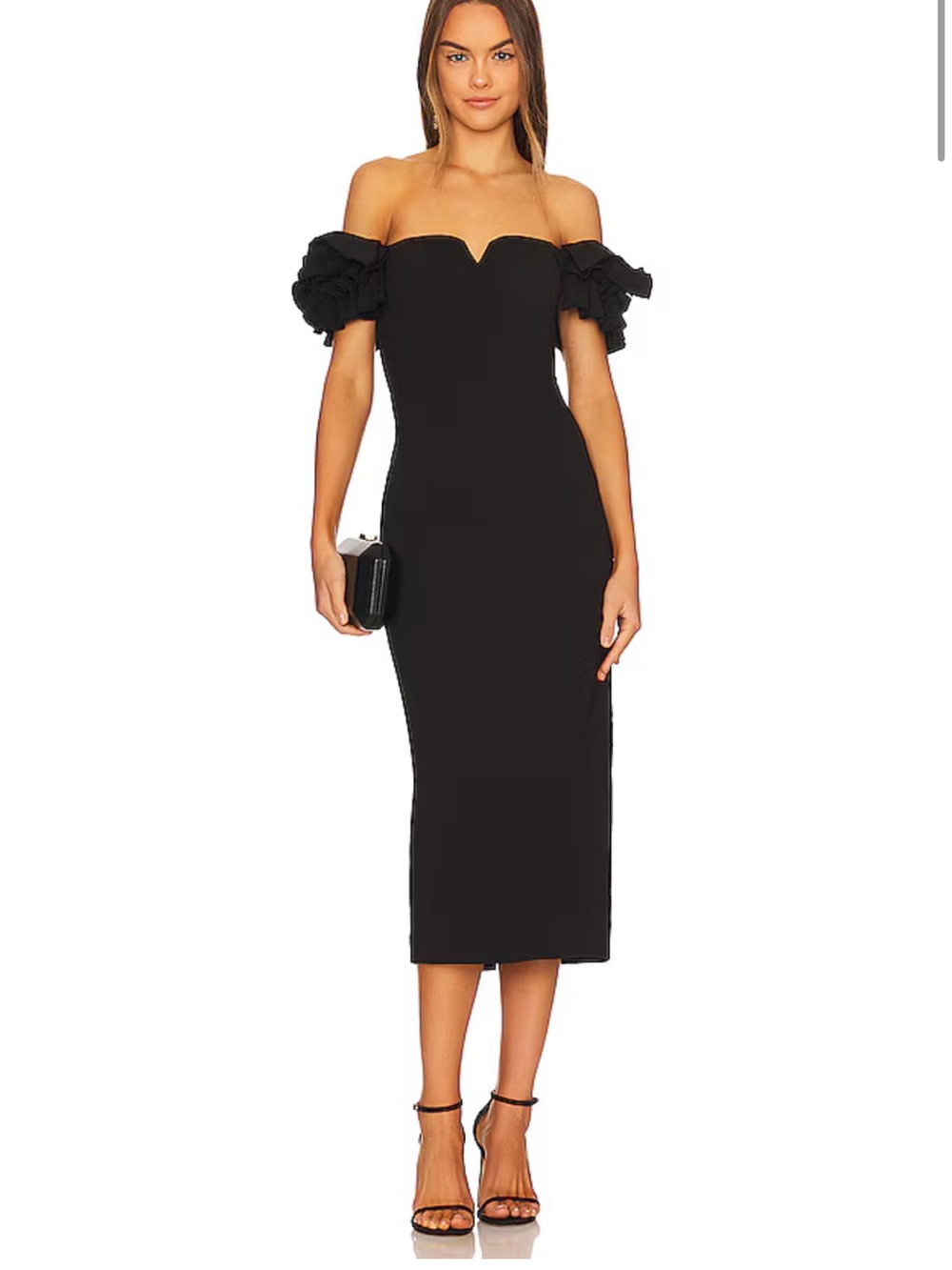 Elliatt Black Off-Shoulder Midi Dress with Ruffled Puff Sleeves